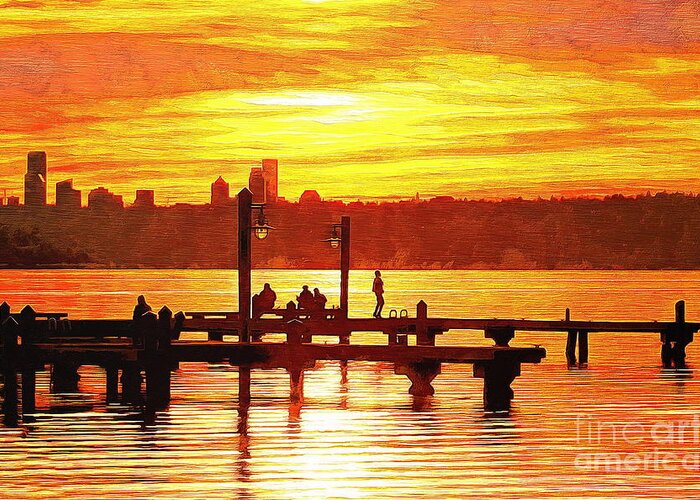 Sunset Greeting Card featuring the photograph Sunset Dock Dancer in Kirkland by Sea Change Vibes