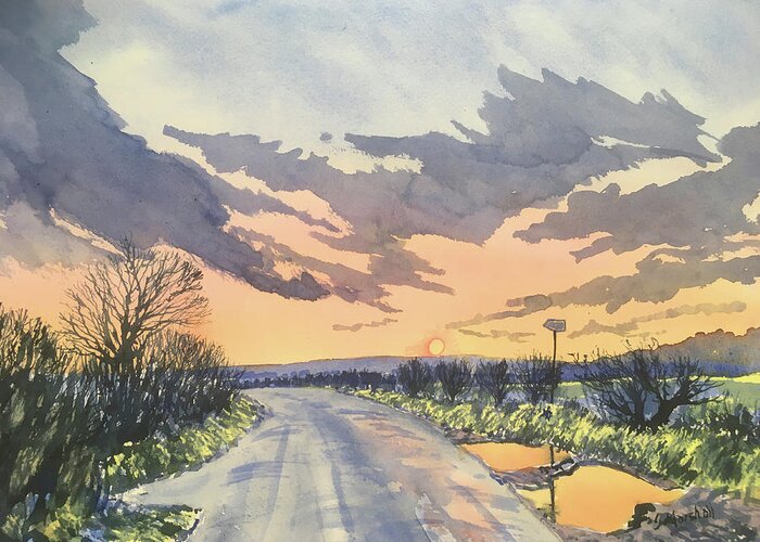 Watercolour Greeting Card featuring the painting Sunset Drive on Woldgate by Glenn Marshall