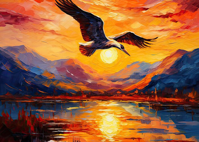 Crane Greeting Card featuring the painting Sunset Duet - Graceful Crane Flying at Sunset by Lourry Legarde
