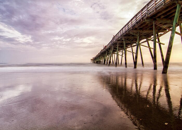 Sunset Fishing Pier Greeting Card featuring the photograph Sunset Fishing Pier at Atlantic Beach NC by Bob Decker