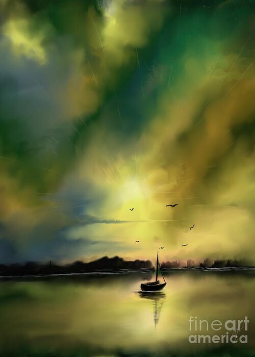 Sailboat Greeting Card featuring the digital art Sunset green sailboat by Darren Cannell