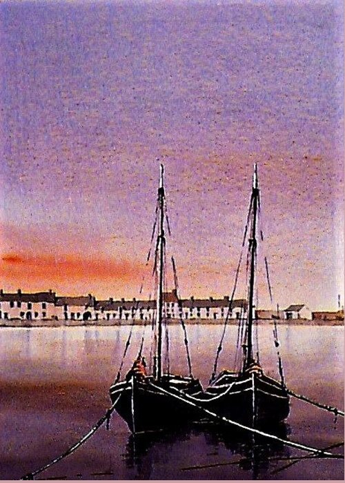  Greeting Card featuring the painting Sunset on the cladagh Galway by Val Byrne