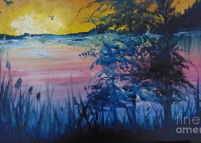 Lake Greeting Card featuring the painting Sunset on the Lake by Saundra Johnson