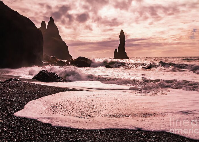 Reynisfjara Greeting Card featuring the photograph Sunset on the Reynisfjara black sand beach, Iceland by Lyl Dil Creations