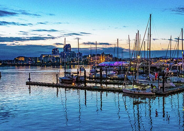 Sunset Greeting Card featuring the digital art Sunset over a Harbor in Victoria British Columbia by SnapHappy Photos