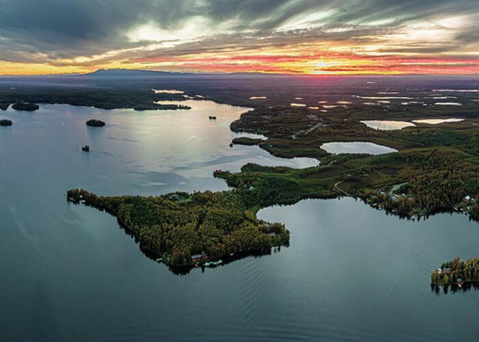 Aerial View Greeting Card featuring the photograph Sunset Over Big Lake by Kyle Lavey