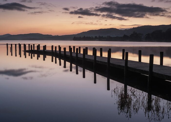 Sunset Greeting Card featuring the photograph Sunset over Coniston Water in the Lake District by Sarah Howard
