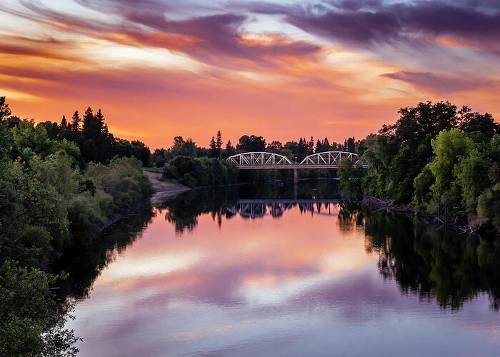 Sunset Greeting Card featuring the photograph Sunset over the American River by Gary Geddes