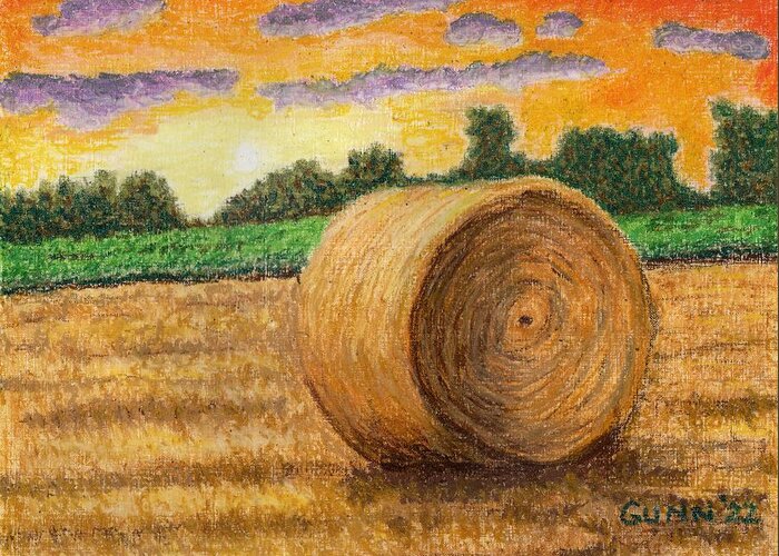 Sunset Greeting Card featuring the pastel Sunset Over the Hayfield by Katrina Gunn