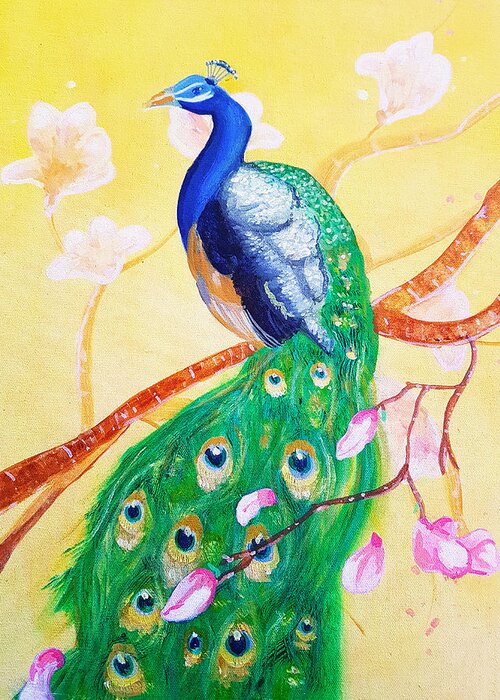 Sunset Greeting Card featuring the painting Sunset Peacock by Rose Lewis