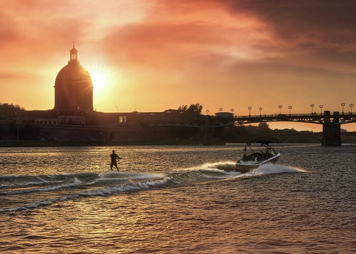 Toulouse Greeting Card featuring the photograph Sunset Water Ski Garonne River Toulouse France by Carol Japp