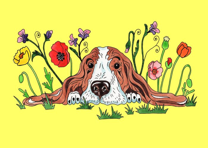 Sweet Greeting Card featuring the painting Super Cute Adorable Watercolor Basset Puppy Dog Lying In The Flowers by Irina Sztukowski
