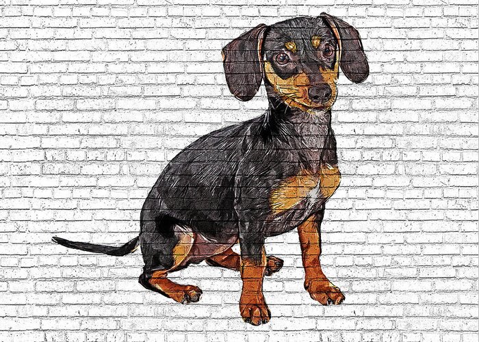 Dachshund Greeting Card featuring the painting Super Cute Dachshund Puppy - Brick Block Background by Custom Pet Portrait Art Studio