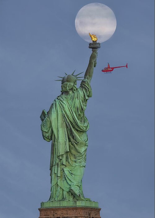 Super Moon Greeting Card featuring the photograph Super Flower Moon Statue Of Liberty by Susan Candelario