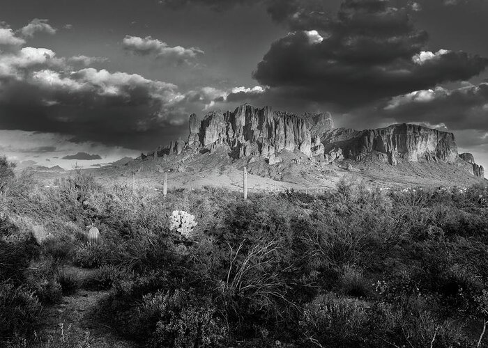 Superstition Mountains Greeting Card featuring the photograph Superstition Mountains Black and White by Chance Kafka