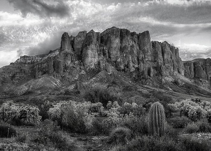 Superstition Mountains Greeting Card featuring the photograph Superstition Mountains black and white by Dave Dilli