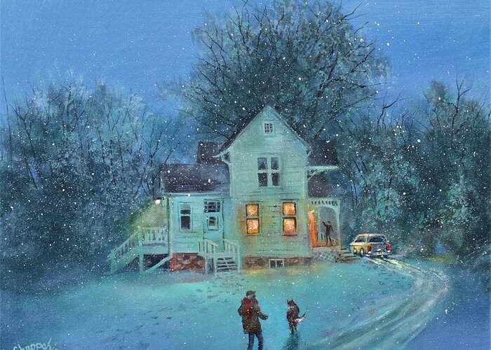 Winter Scene Greeting Card featuring the painting Suppertime At The Farm by Tom Shropshire