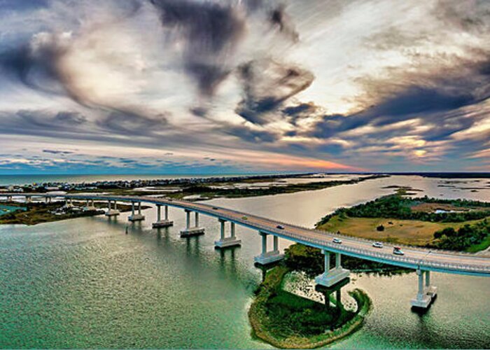 Sunset Greeting Card featuring the photograph Surf City Bridge by DJA Images