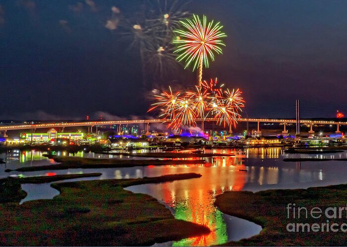 4th Of July Greeting Card featuring the photograph Surf City Fireworks 2021 by DJA Images