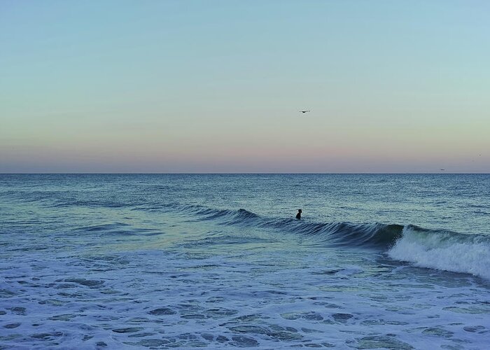 Sunset Greeting Card featuring the photograph Surfer and Sunset, Asbury Park, NJ, 2020 by Stephen Russell Shilling