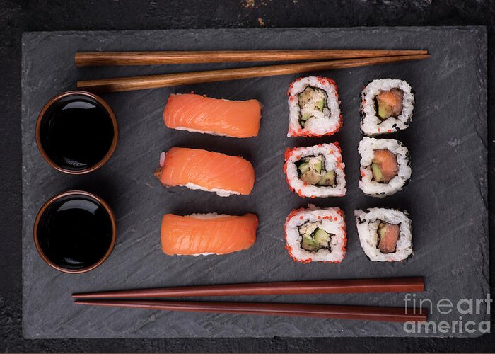 Sushi Greeting Card featuring the photograph Sushi set from above by Jelena Jovanovic