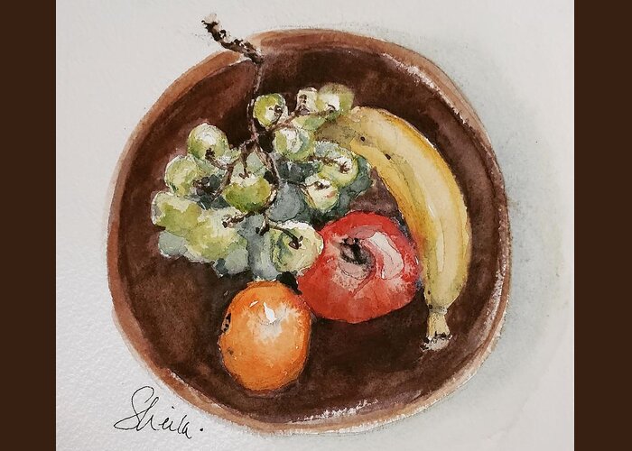 Still Life Greeting Card featuring the painting Sustenance in a Wooden Bowl by Sheila Romard