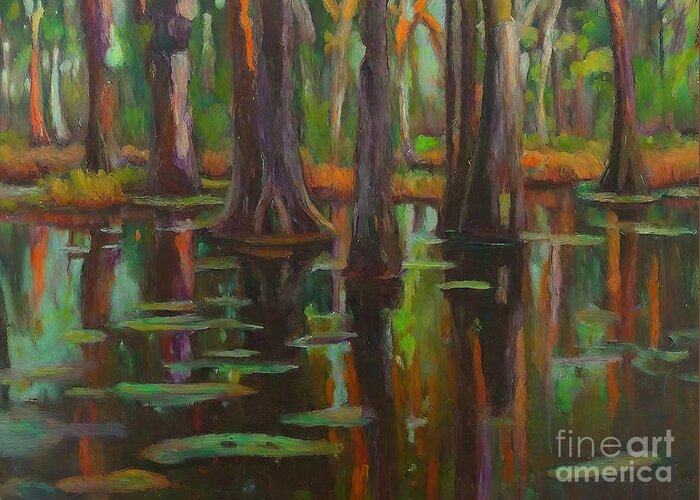 Florida Swamp Greeting Card featuring the painting Swamp Magic Painting florida swamp soothing swamp water calm wat by N Akkash