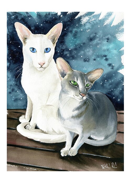 Cat Greeting Card featuring the painting Sweetie And Honey Oriental Cat Painting by Dora Hathazi Mendes