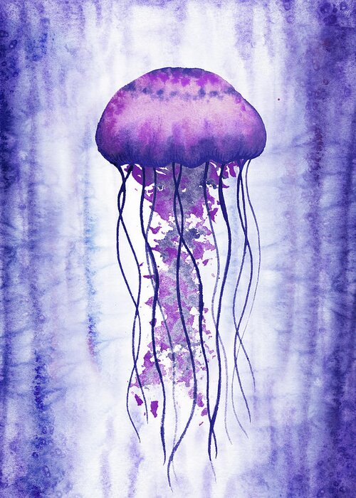 Purple Greeting Card featuring the painting Swimming In Purple Ocean Jellyfish Watercolor by Irina Sztukowski
