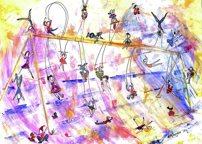 Swingset Whimsy Greeting Card featuring the painting Swingset Whimsy Playground Series by Patty Donoghue