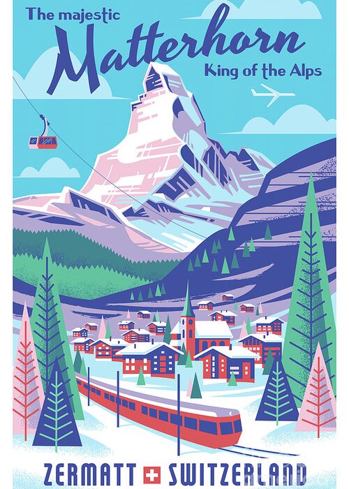 Pop Art Greeting Card featuring the digital art Switzerland Matterhorn Alps Travel Poster by Jim Zahniser