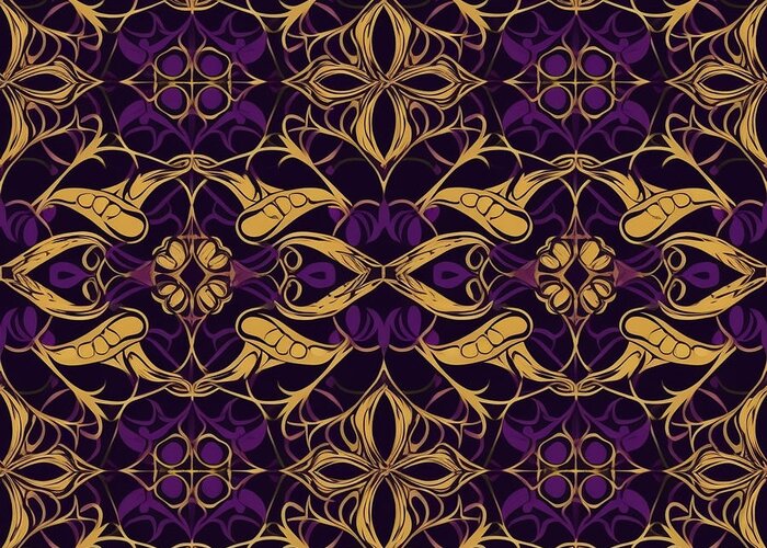 Symmetrical Purple And Gold Pattern Greeting Card featuring the digital art Symmetrical Purple and Gold Pattern #1 by Britten Adams