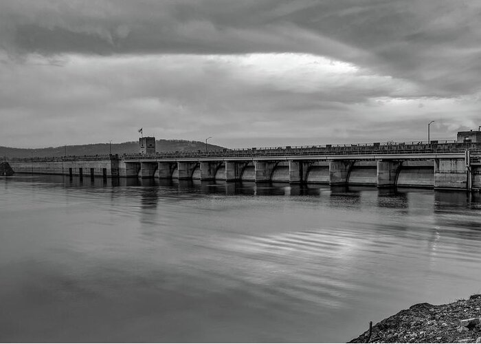 Table Rock Lake Greeting Card featuring the photograph Table Rock Lake Dam in Black and White by Gregory Ballos