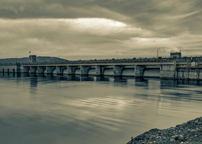 Table Rock Lake Greeting Card featuring the photograph Table Rock Lake Dam Sepia Panorama by Gregory Ballos