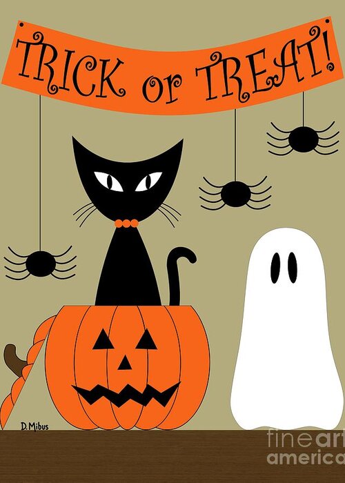 Mid Century Cat Greeting Card featuring the digital art Tabletop Cat in Jack O'Lantern by Donna Mibus