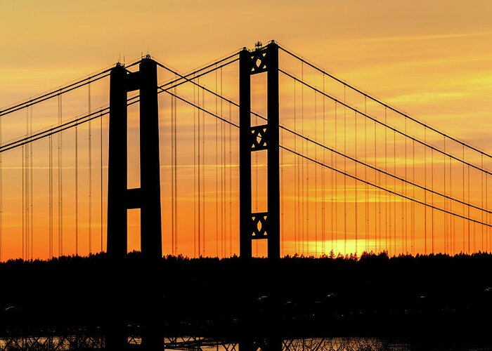 Tacoma Greeting Card featuring the photograph Tacoma Narrows Bridges Fiery Sunset by Rob Green