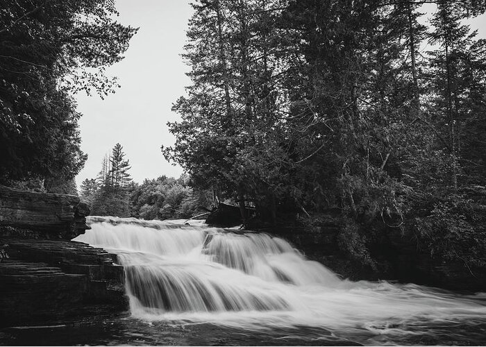 Tahquamenon Falls Black And White Lower Falls Greeting Card featuring the photograph Tahquamenon Falls Lower Black And White by Dan Sproul