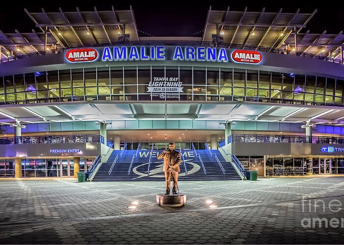 Night Photography Greeting Card featuring the photograph Tampa Bay Lightning Arena at Night by Jason Ludwig Photography