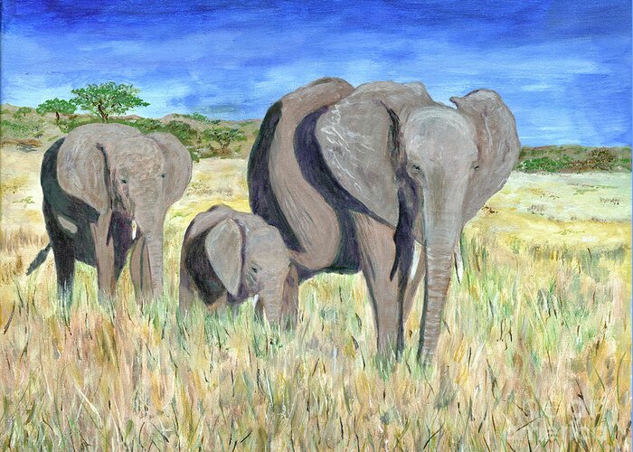 Timothy Hacker Greeting Card featuring the painting Tanzania Elephant Family 2 by Timothy Hacker