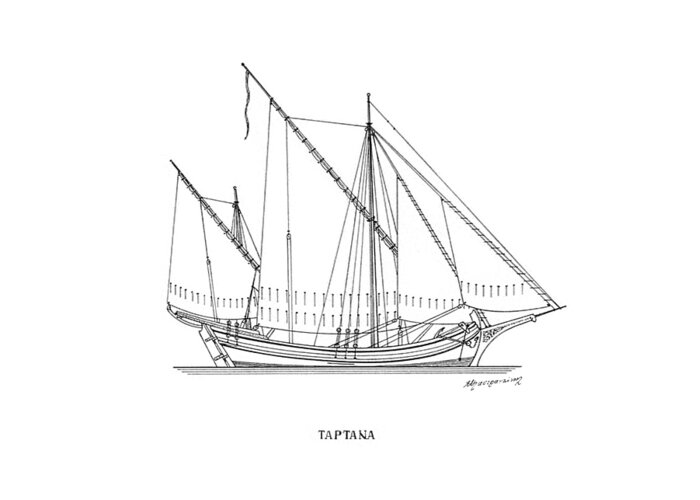 Historic Vessels Greeting Card featuring the drawing Tartana - traditional Greek sailing ship by Panagiotis Mastrantonis