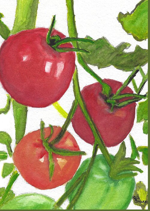 Vegetable Greeting Card featuring the painting Taste of Summer Vine Ripe Tomatoes Watercolor Painting by Ali Baucom