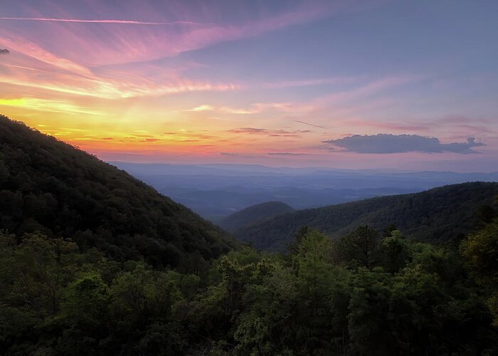 Sunset Greeting Card featuring the photograph Taylor Mountain Sunset - Blue Ridge Parkway by Susan Rissi Tregoning