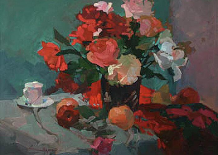 Still Life Painting Greeting Card featuring the painting Tea and Peonies by Elizabeth J Billups