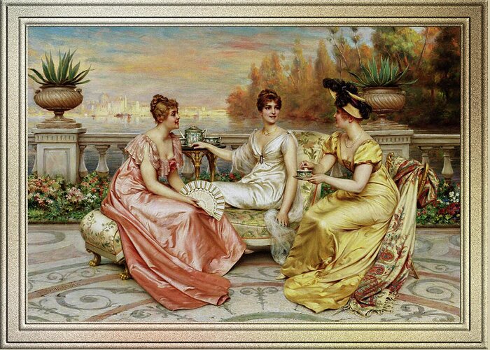 Tea On The Terrace Greeting Card featuring the painting Tea on the Terrace by Frederic Soulacroix by Rolando Burbon