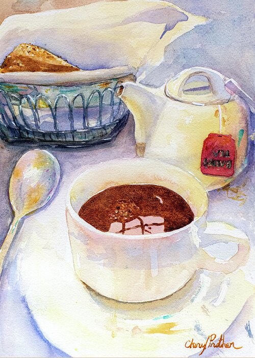 Tea Greeting Card featuring the painting Tea Reflections by Cheryl Prather
