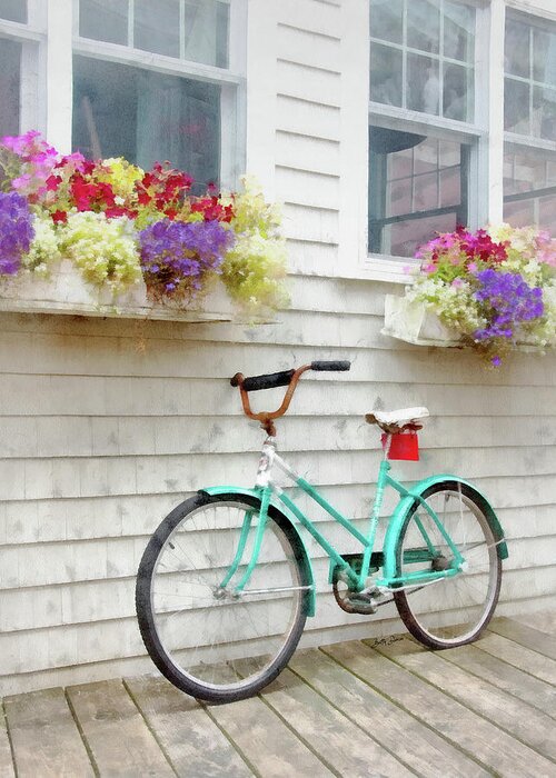 Teal Greeting Card featuring the photograph Teal Bicycle and Flower Boxes, Boothbay Harbor, ME by Betty Denise