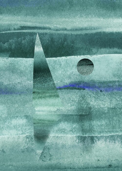 Sailboat Sea Greeting Card featuring the painting Teal Blue Gray Sailboat At The Ocean Shore Seascape Painting Beach House Art I by Irina Sztukowski