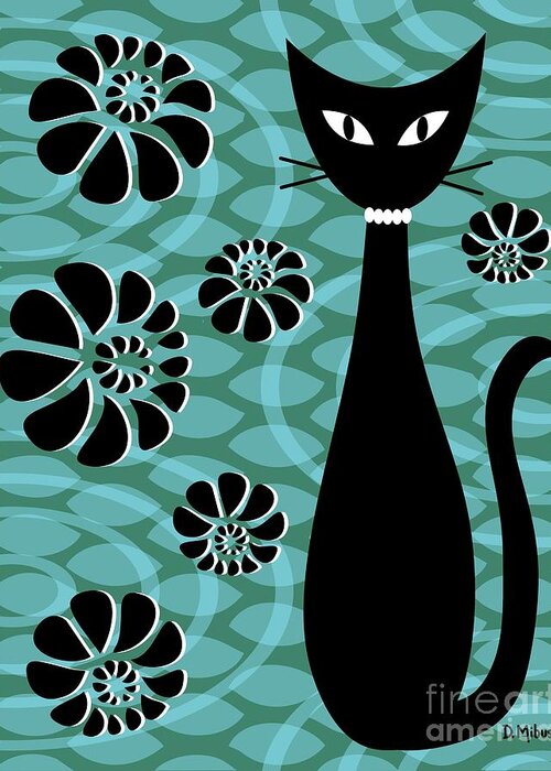 Abstract Cat Greeting Card featuring the digital art Teal Mod Cat 2 by Donna Mibus