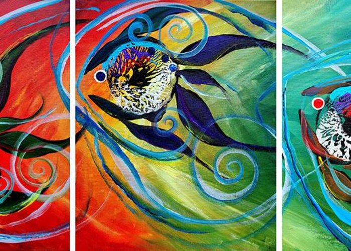 Fish Greeting Card featuring the painting Teal Wake,Three on a Take by J Vincent Scarpace