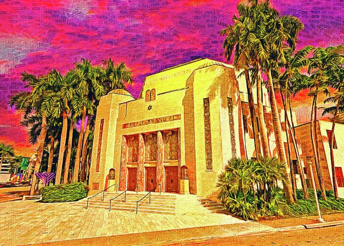 Temple Emanu-el Greeting Card featuring the digital art Temple Emanu-El in Miami Beach, Florida, at sunset - impressionist painting by Nicko Prints